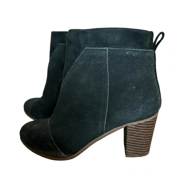 TOMs Lunata pieced suede black boot block heel women's side zip up ankle bootie - Picture 3 of 9
